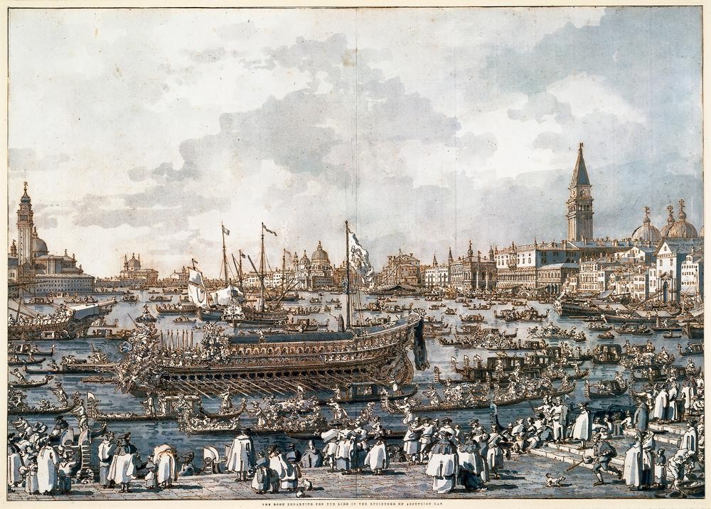 Bernardo Bellotto, The Doge of Venice Departing for the Lido (Städte, Venedig, Italien, Insel, Lido, Herrscher, Schiff, Prunk, historisch, Rokoko, Malerei, Wohnzimmer, Wunschgröße, Klassiker, bunt)