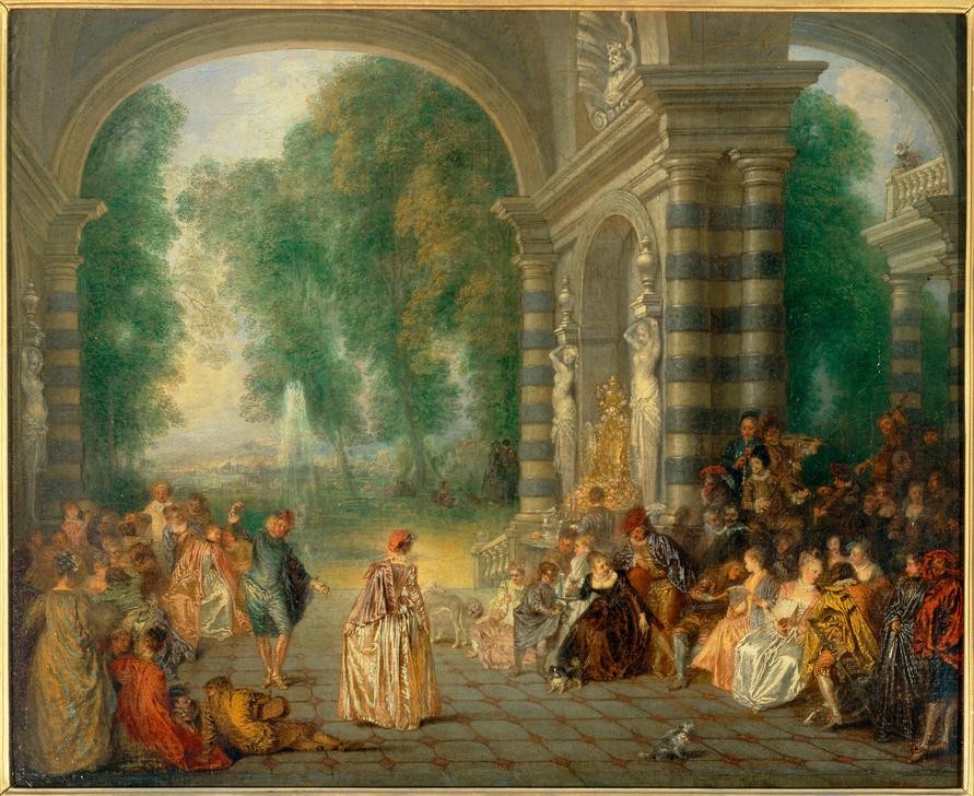 Jean-Antoine  Watteau, Les Plaisirs du bal (Gesellschaft, Ball, Fest,  Menschen, Musik, Park, Tanz,  Höfisch, Adel, Arkaden, Mode, Rokoko, Wohnzimmer,   Klassiker,  Wunschgröße)