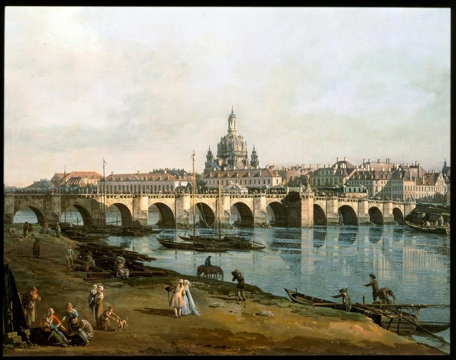 Bernardo Bellotto, View of Dresden  (Städte, Dresden, Architektur, Gebäude, Frauenkirche, Brücke, Fluss, Elbe, Alltagsszene, historisch, Rokoko, Malerei, Wohnzimmer, Wunschgröße, Klassiker, bunt)