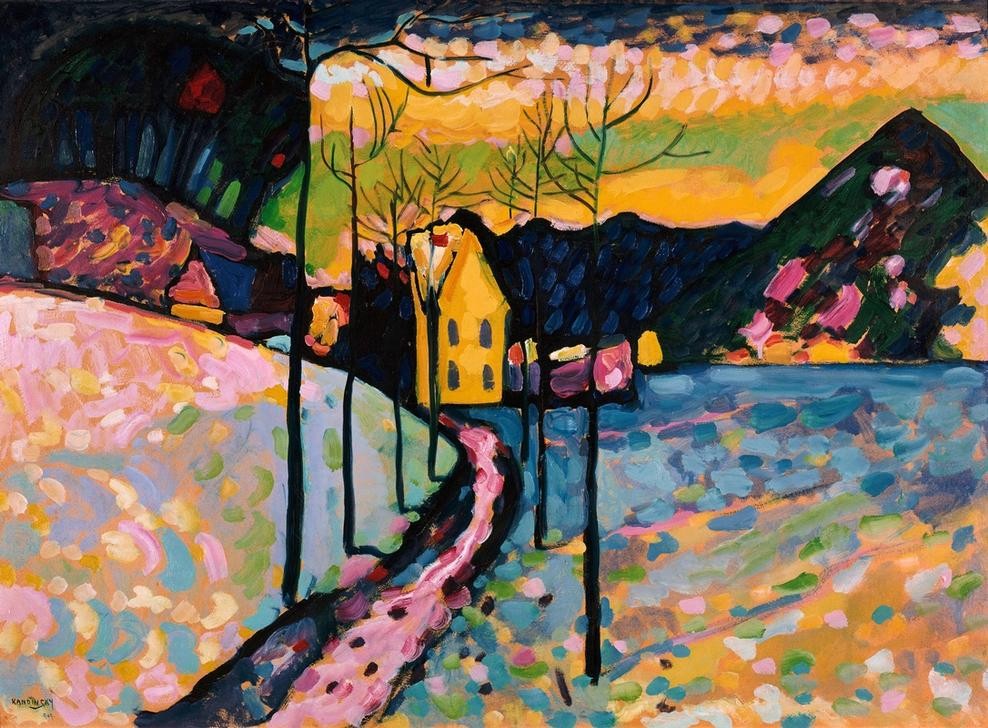 Wassily Kandinsky, Winter I – Kochel (Allee,Gebirge,Haus,Jahreszeiten,Kunst,Landschaft,Strasse (Allgemein),Wetter,Winter,Schnee,Baum,Expressionismus,Der Blaue Reiter,Russische Kunst,Berg,Farbigkeit,Signatur)