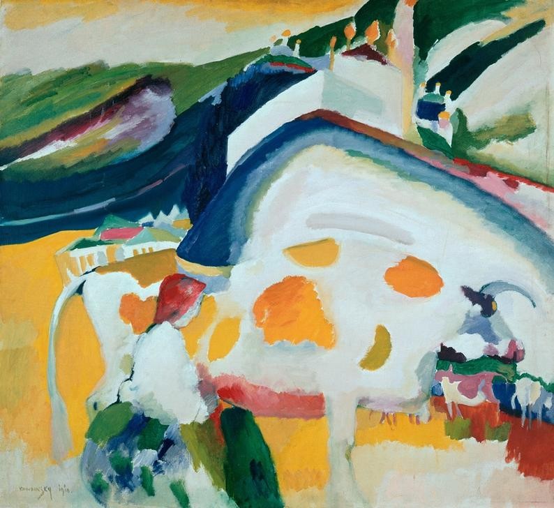 Wassily Kandinsky, Die Kuh (Gesinde,Kunst,Milchwirtschaft,Milch,Rind,Volkskunde,Expressionismus,Der Blaue Reiter,Bäuerin,Melken,Russische Kunst,Magd,Tier,Abstraktion,Milchkuh,Nutztier,Landwirtschaft,Viehzucht)