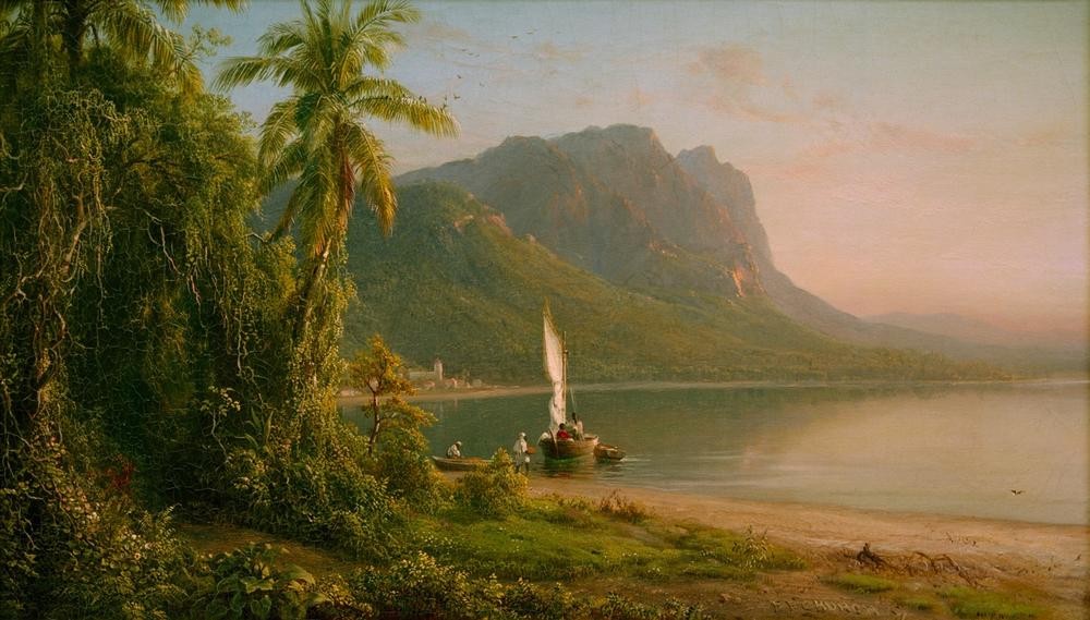 Frederic Edwin Church, Jamaica (Insel, Landschaft, Strand, Meer, Boot, Palme, Fischerboot, Sonnenaufgang, Bucht, Felsen, Wunschgröße, Klassiker, Romantik, Wohnzimmer)