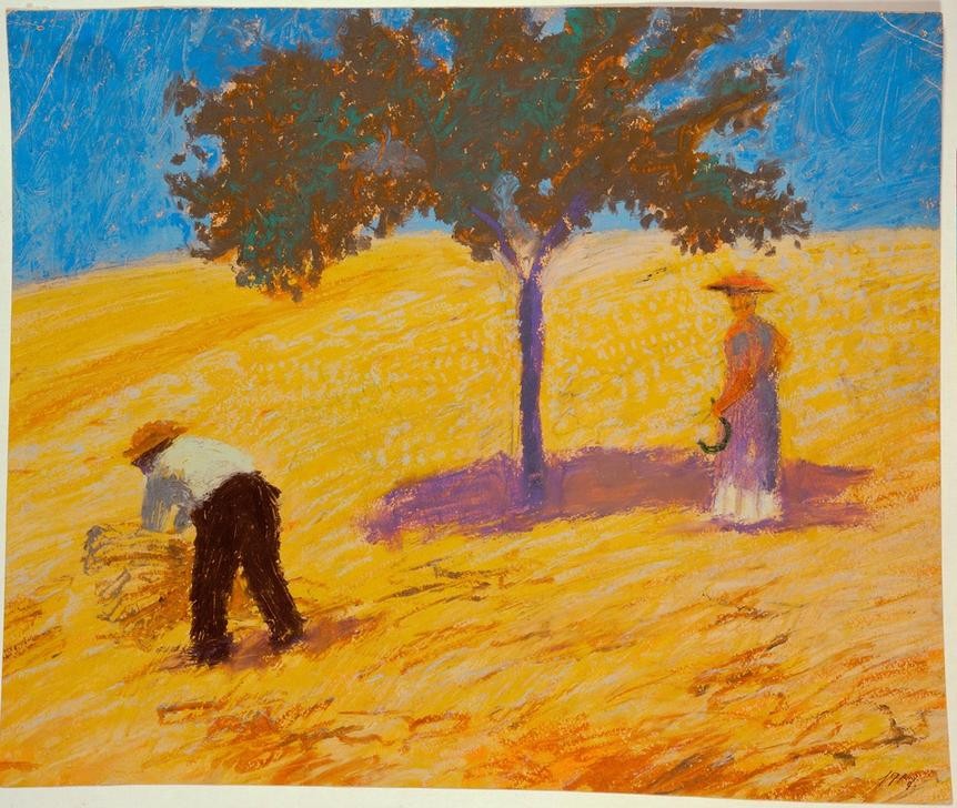 August Macke, Baum im Kornfeld (Landschaft, Landwirschaft, Getreide, Ernte, Sichel, Baum, Schatten, Wohnzimmer, Treppenhaus, Expressionismus,  Klassische Moderne, Malerei, Wunschgröße, bunt)