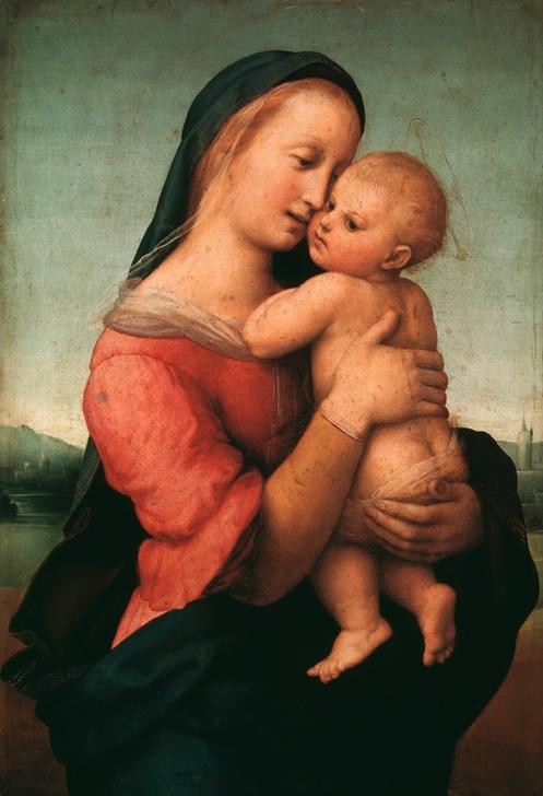 Raffael, Madonna Tempi (Renaissance, Madonna, Kind, Jesus, Landschaft, Religion, Christentum, Klassiker, Schlafzimmer, Wohnzimmer, Malerei, Wunschgröße, bunt)