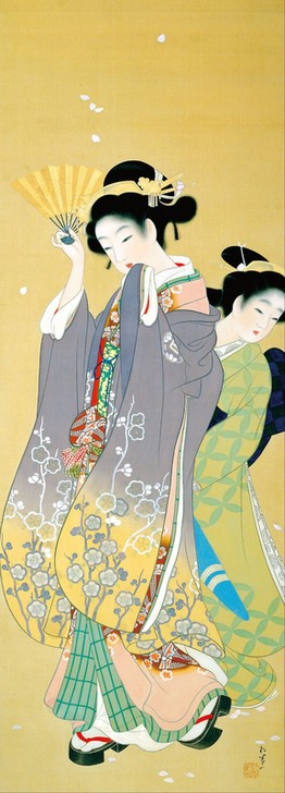 Uemura Shoen, Kirschblütenbetrachtung (Fächer,Frau,Schönheit,Frühling,Seide,Kimono,Blüte,Kirschblüte)