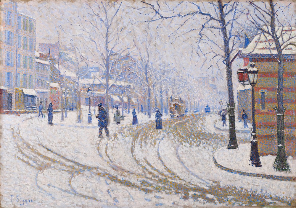 Paul Signac, Snow, Boulevard de Clichy, Paris. (Jahreszeiten,Strassenszene,Winter,Schnee,Stadtansicht,Fussgänger,Kälte,Fussspur,Europäer (F M),Postimpressionismus)