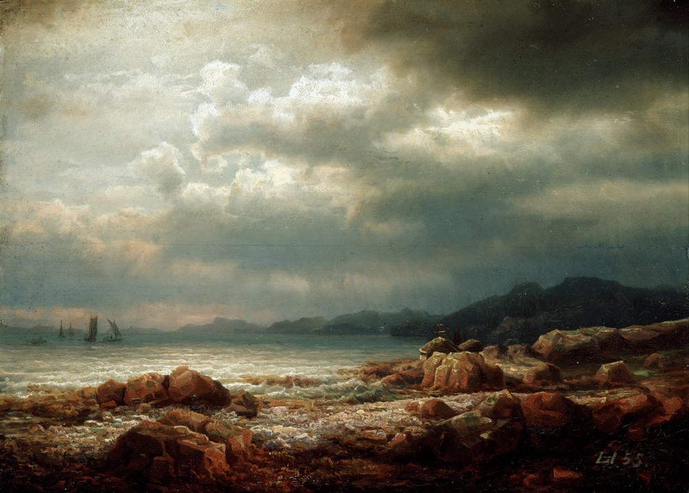 Lars Hertervig, Küstenlandschaft (Himmel (Natur),Küste,Landschaft,Wolke,Meer,Brandung,Norwegische Kunst,Unwetter,Romantik)