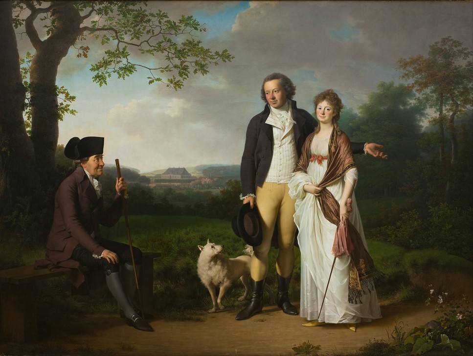 Jens Juel, Niels Ryberg mit seinem Sohn Johan Christian und seiner Schwiegertochter Engelke, geb. Falbe (Damenmode,Ehepaar,Familie,Frau,Gruppenbild,Herrenmode,Mann,Park,Hund,Vatermörder,Portrait,Baum,Hausgarten,Bürgertum,Schultertuch,Norwegische Kunst,Im Freien (Allgemein),Ganzfigurig)