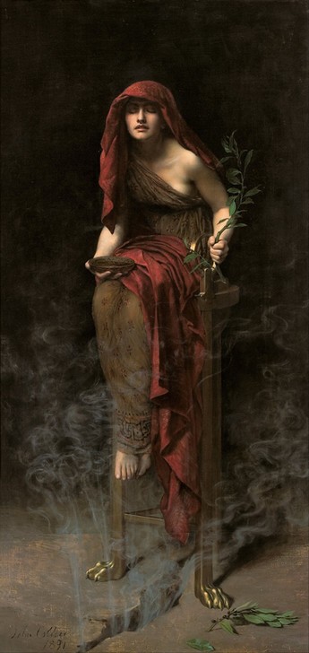 John William Collier, Priestess of Delphi (Frau, Priesterin, Antike, Ölzweig, Olivenzweig, Rauch, spirituell, Weissagerin, Orakel, Präraffaeliten, Wunschgröße, Wohnzimmer, Klassiker)