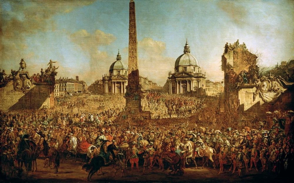 Bernardo Bellotto, Einzug des polnischen Gesandten Graf Jerzy Ossolinski 1633 (Diplomat, Geschichte, Persönlichkeiten, Ereignis, Politiker, Staatsmann, Obelisk, Menschenmenge, Personen,   historisch, Rokoko, Malerei, Wohnzimmer, Wunschgröße, Klassiker, bunt)
