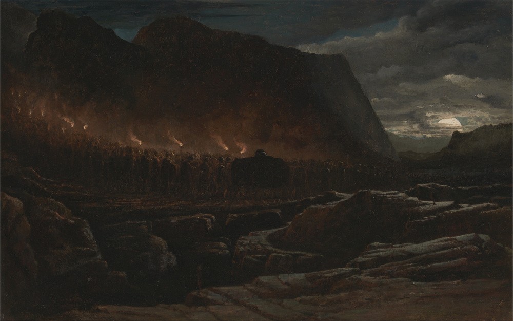 Francis Danby, Funeral Procession (Beerdigung, Prozession, Fackelzug, Trauer, düster, Felsen, Romantik, Irland, Malerei, Wunschgröße, Klassiker, Wohnzimmer)