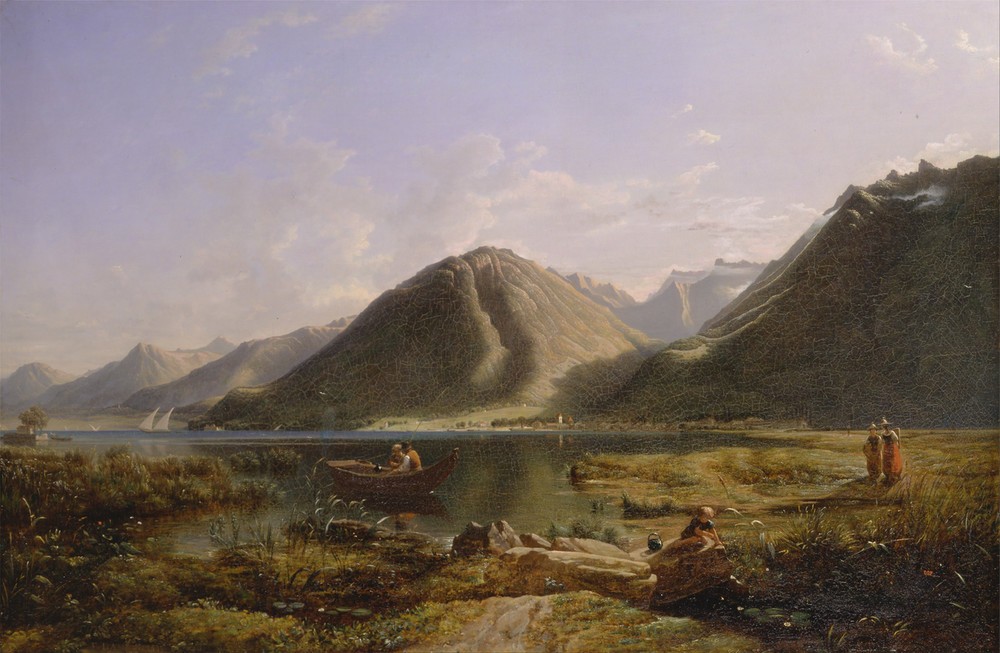 Francis Danby, End of Lake Geneva (Gebirge,Landschaft,Berg,Fischfang,Beschaulich,Ruderschiff)