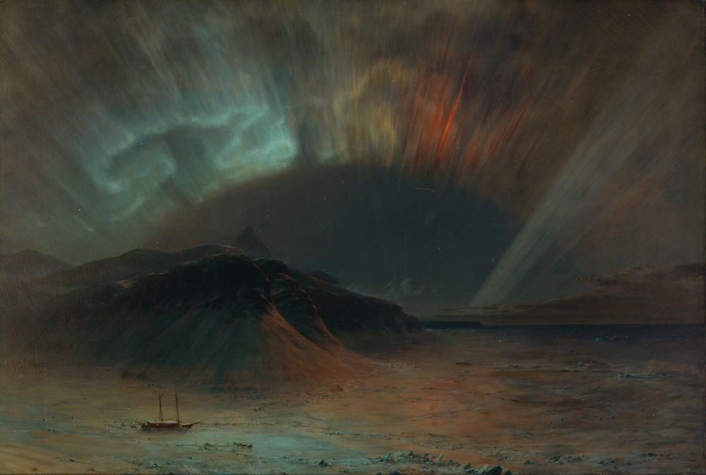 Frederic Edwin Church, Nordlicht (Aurora Borealis) (Himmel, Polarlichter, Polarmeer, Eis, Boot, eingefroren, Meer,    Naturschauspiel, Nordlicht, Wunschgröße, Klassiker, Romantik, Wohnzimmer)