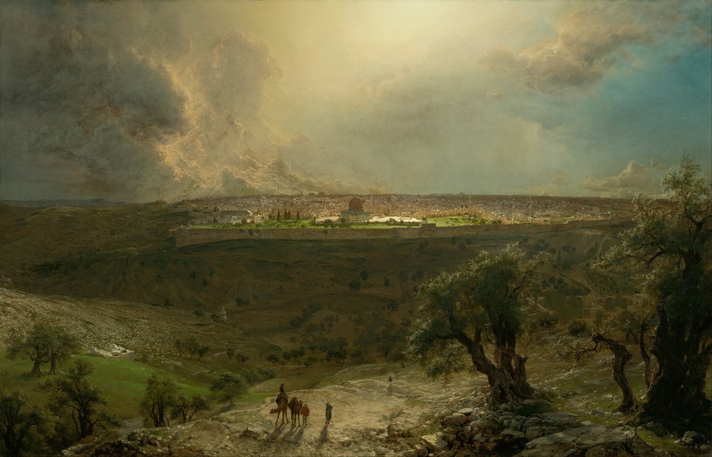 Frederic Edwin Church, Jerusalem vom Ölberg gesehen (Landschaft, Landschaftsmalerei, Panorama, Horizont, Städte, Stadtmauer, Olivenbäume, Kamelreiter, Wunschgröße, Klassiker, Romantik, Wohnzimmer)