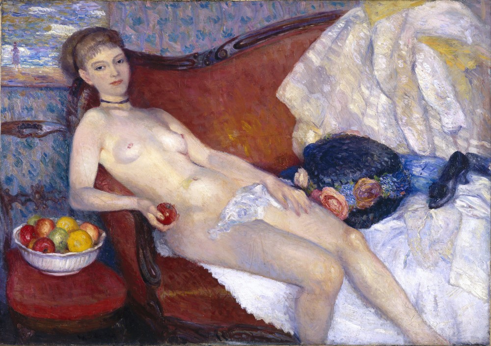 William Glackens, Weiblicher Akt mit Apfel (Apfel,Erotik,Frau,Mädchen,Obst,Schuhe (Schuh),Schule,Hut,Strohhut,Schale (Gefäss),Verführung,Boudoir,Obstschale,Erotische Kunst,Nacktheit,Us-Amerikanische Kunst,Leben,Innenansicht,Verführerisch,Symbolik,Canape,Amerikaner)