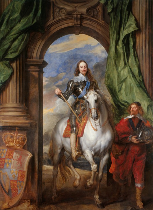 Anthonis van Dyck, Charles I (1600–49) with M. de St Antoine (König, England, Adelswappen, Hosenbandorden, Reiter, Pferd, Schimmel, Rüstung, Ehrenpforte, Portal,  höfisch, Prunk, Persönlichkeiten,  Herrenmode,    Barock, Klassiker, Wunschgröße, Wohnzimmer)