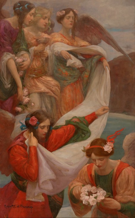 Rupert Bunny, Herabsteigende Engel (Australische Kunst,Engel,Frau,Rose,Schönheit,Blumenkranz,Junge Frau,Blume Im Haar)