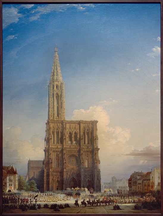 August von Bayer, Straßburger Münster im Mittelalter (Architektur,Christentum,Fronleichnam,Geographie,Geschichte,Kirche,Kunst,Münster (Kirche),Prozession,Religion,Rosette,Stadt,Szene,Gotik,Architekturdarstellung,Schweizerische Kunst,Historienmalerei,Ansicht,Feiertag,Aussenansicht,Romantik,Topographie,Frontal)
