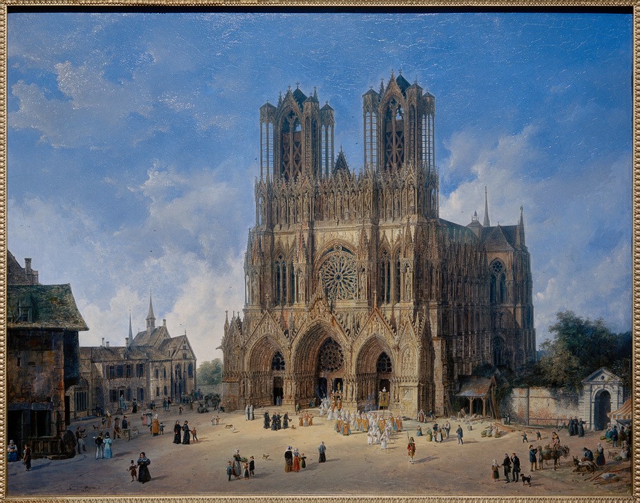 Domenico Quaglio, Die Kathedrale zu Reims (Architektur,Christentum,Deutsche Kunst,Geographie,Kirche,Kunst,Prozession,Religion,Rosette,Stadt,Gotik,Fassade,Vedute,Architekturdarstellung,Ansicht,Aussenansicht,Romantik,Doppelturmfassade,Topographie,Doppelturm,Sakralbau,Kathedrale)