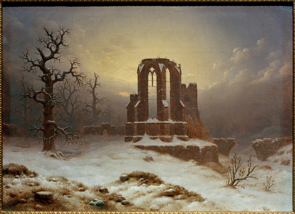 Carl Georg Adolph Hasenpflug, Kirchenruine im Schnee (Architektur,Christentum,Deutsche Kunst,Himmel (Natur),Jahreszeiten,Kirche,Kunst,Landschaft,Morgenrot,Religion,Ruine,Winter,Tageszeiten,Morgen,Schnee,Gotik,Baum,Sonnenaufgang,Architekturdarstellung,Romantik,Kälte,Verfall,Sakralbau)