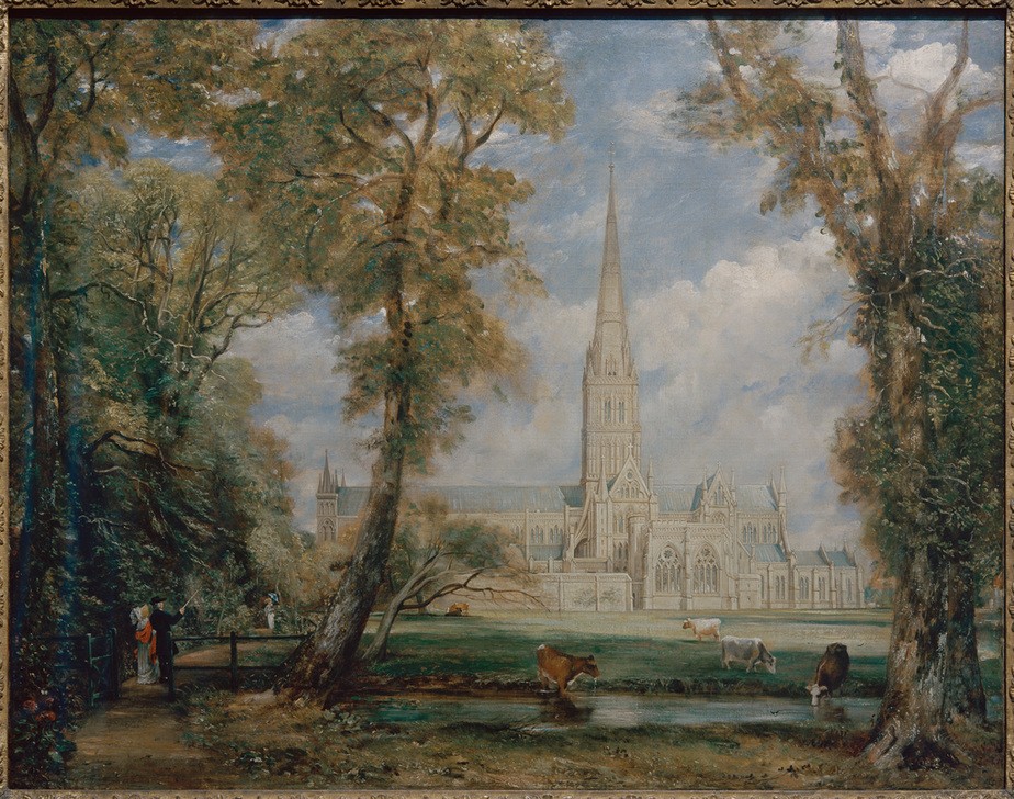 John Constable, Kathedrale von Salisbury (Architektur,Christentum,Geographie,Gewässer,Himmel (Natur),Kirche,Kunst,Landschaft,Menschen Im Park,Mensch,Meteorologie,Park,Religion,Rinderzucht,Rind,Spaziergang,Stadt,Turm,Weide,Wetter,Wolke,See,Gotik,Baum,Tränke,Vedute,Architekturdarstellung,Englische)