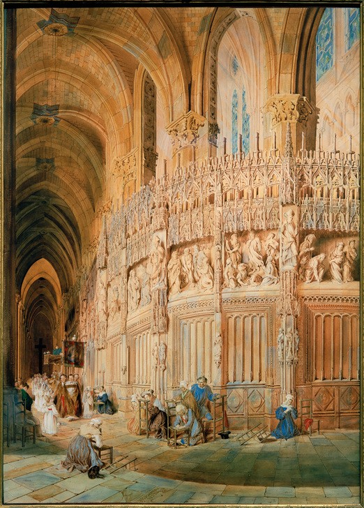 James Roberts (ca. 1824-1867), Kathedrale in Chartres (Architektur,Bauplastik,Christentum,Gebet,Geographie,Kirche,Mensch,Prozession,Religion,Innenarchitektur,Gotik,Interieur,Architekturdarstellung,Französische Kunst,Englische Kunst,Ansicht,Frömmigkeit,Innenansicht,Glaube,Romantik,Topographie,Chorumgang,Skulpt)