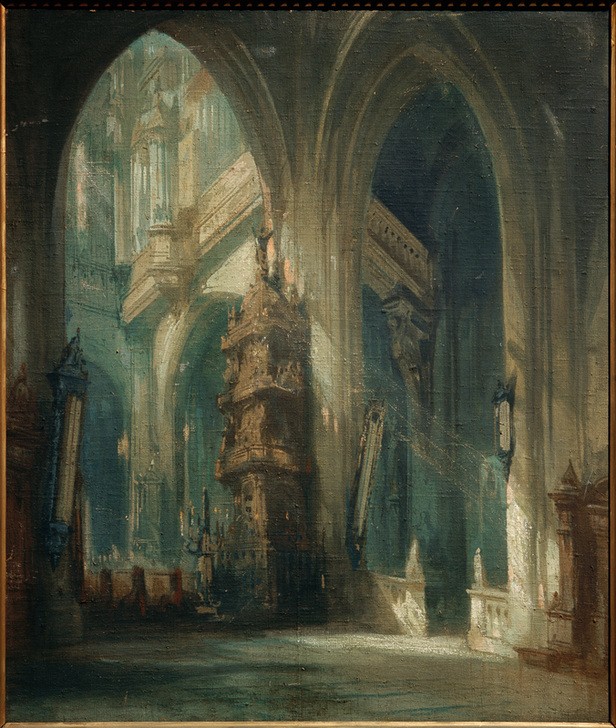 Charles Cambon, Bühnenbildentwurf Oper Faust (Architektur,Bühnenbild,Christentum,Dom,Kirche,Komponist,Kunst,Literatur,Mann,Musik,Oper,Religion,Theater,Innenarchitektur,Gotik,Interieur,Architekturdarstellung,Französische Kunst,Entwurf,Ansicht,Innenansicht,Person,Sakralbau,Kathedrale)
