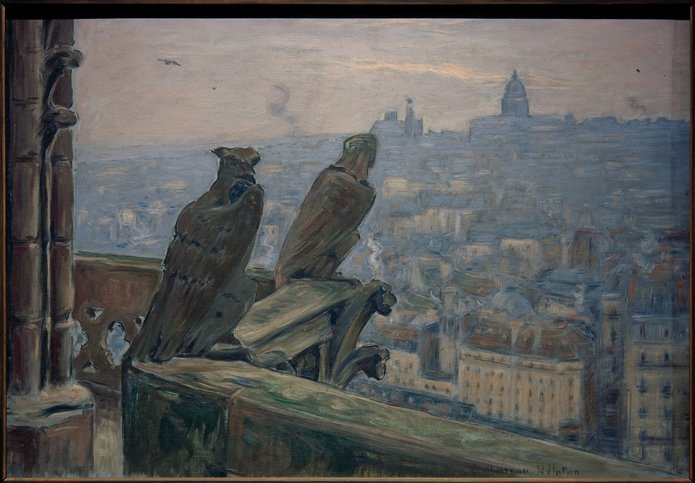 Etienne Moreau-Nelaton, Paris von Notre-Dame aus gesehen (Architektur,Bauplastik,Christentum,Geographie,Kirche,Kunst,Mythologie,Religion,Stadt,Turm,Vogel,Wasserspeier (Architektur),Urbanistik,Gotik,Historismus,Grossstadt,Fabelwesen,Dämon,Teufel,Vedute,Ungeheuer,Groteske,Stadtansicht,Architekturdarstellung,Franzö)