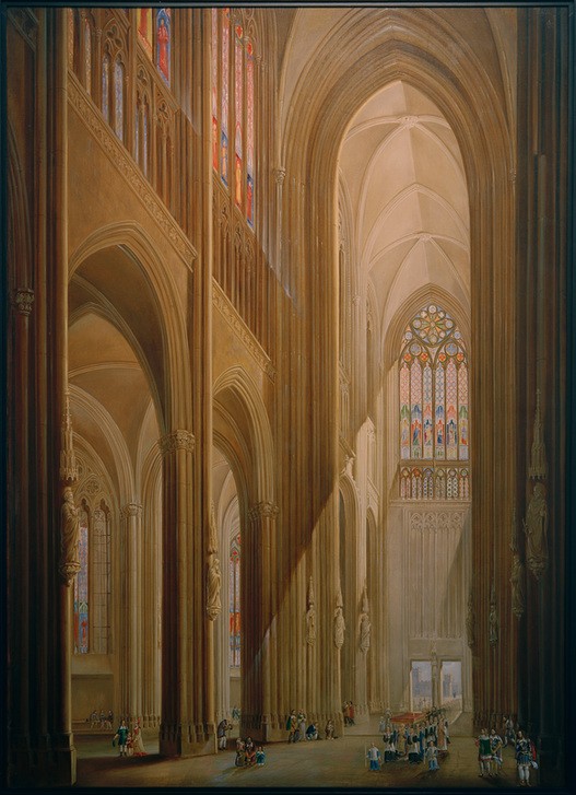Carl Georg Enslen, Im Inneren des Kölner Doms (Architektur,Christentum,Dom,Fenster,Geographie,Katholische Kirche,Kirche,Kunst,Religion,Innenarchitektur,Gotik,Interieur,Architekturdarstellung,Österreichische Kunst,Ansicht,Innenansicht,Glasfenster,Mittelschiff,Romantik,Topographie,Weltkulturerbe,Sakralb)