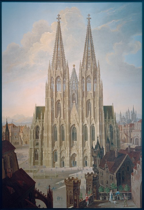 Carl Georg Enslen, Westfassade des Kölner Doms (Architektur,Christentum,Dom,Geographie,Katholische Kirche,Kirche,Kunst,Religion,Stadt,Gotik,Fassade,Vedute,Stadtansicht,Architekturdarstellung,Österreichische Kunst,Ansicht,Aussenansicht,Romantik,Doppelturmfassade,Topographie,Weltkulturerbe,Doppelturm,Wes)