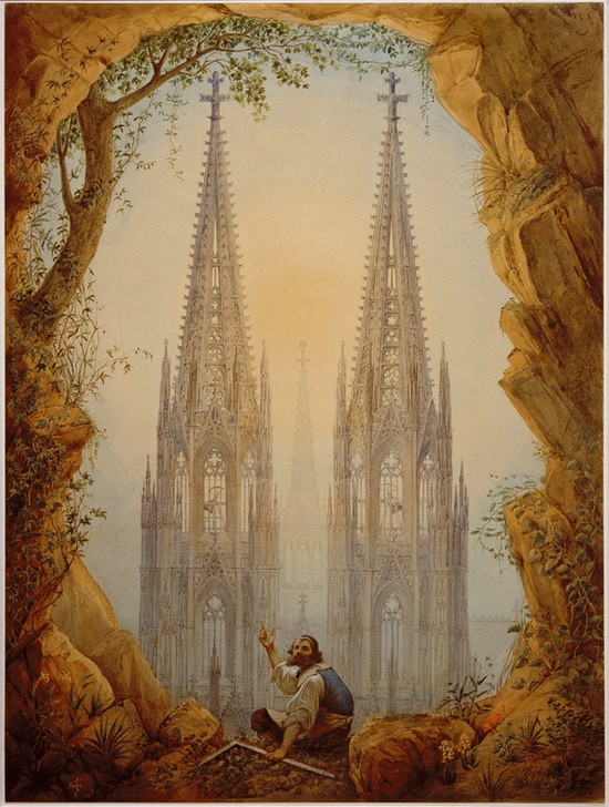 Vincenz Statz, Vision der vollendeten Türme (Architekt,Architektur,Beruf,Christentum,Deutsche Kunst,Dom,Geographie,Geschichte,Katholische Kirche,Kirche,Kunst,Landschaft,Mann,Mensch,Religion,Teilansicht,Turm,Gotik,Höhle,Vision,Architekturdarstellung,Felsen,Ansicht,Aussenansicht,Kirchturm,Gedanken,Zei)