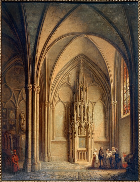 Georg Osterwald, Sakramentskapelle des Doms (Geistlicher,Baby,Architektur,Christentum,Deutsche Kunst,Dom,Eltern Mit Kind,Frau,Geographie,Katholische Kirche,Kind,Kirche,Kunst,Mann,Mensch,Religion,Sakramente,Szene,Taufe,Innenarchitektur,Ministrant,Gotik,Interieur,Architekturdarstellung,Zeremonie,Heili)