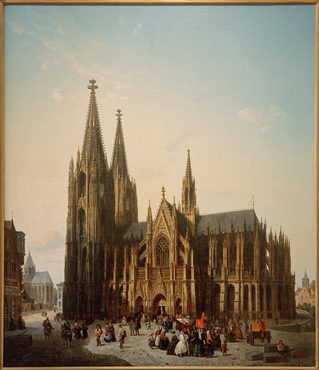 Emile Pierre Joseph de Cauwer, Kölner Dom in antizipierter Vollendung (Architektur,Christentum,Dom,Flämische Kunst,Geographie,Katholische Kirche,Kirche,Kunst,Religion,Stadt,Gotik,Vedute,Stadtansicht,Architekturdarstellung,Belgische Kunst,Ansicht,Aussenansicht,Topographie,Gesamtansicht,Weltkulturerbe,Doppelturm,Sakralbau,Kath)