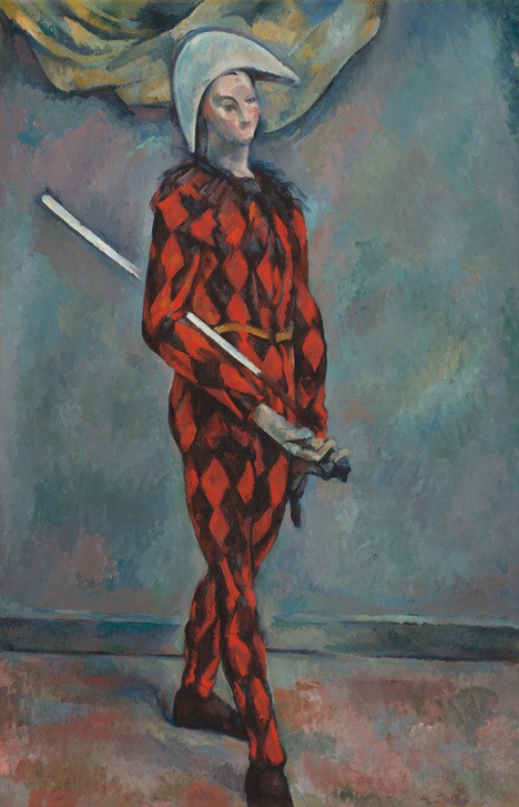 Paul Cézanne, Harlequin, 1888–1890 (Harlequin, Clown, Kostüm, Kappe, Menschen, Melancholie, Traurig,  Impressionismus, Wunschgröße, Wohnzimmer, Treppenhaus, Klassiker,)
