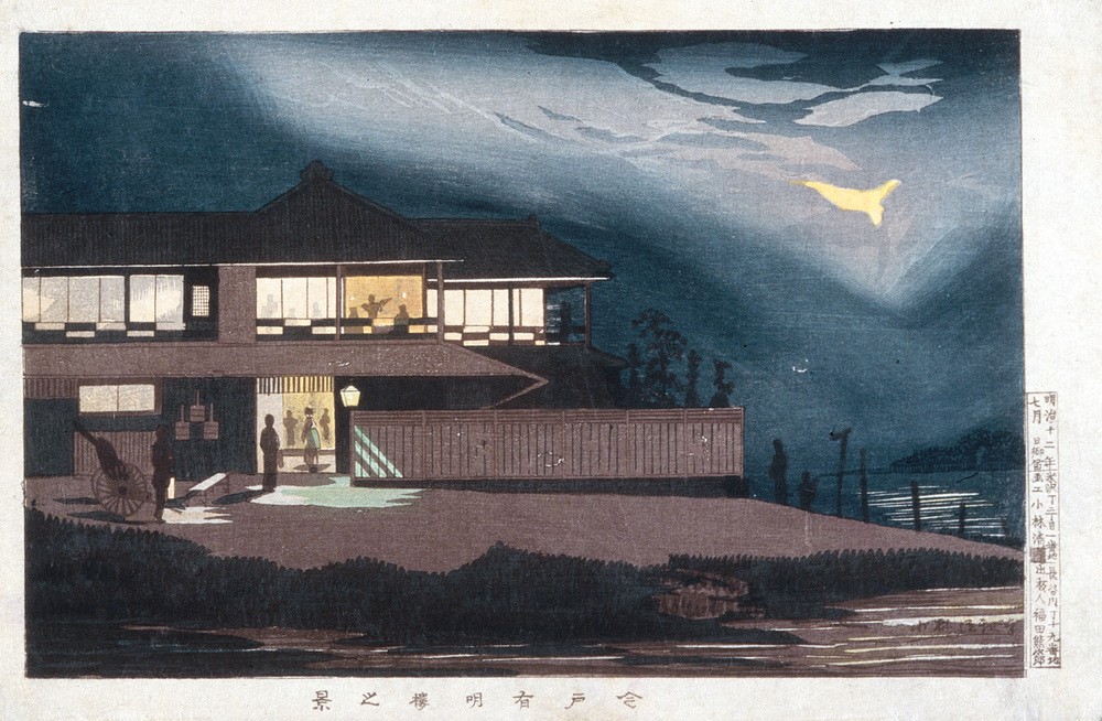 Kiyochika Kobayashi, View of Houses of Entertainment in Imado at Dawn  (Nachtszene, Gebäude, Haus, Holzschnitt, japanische Kunst, Asiatische Kunst, Klassiker, Wunschgröße, Treppenhaus, Wohnzimmer, bunt)