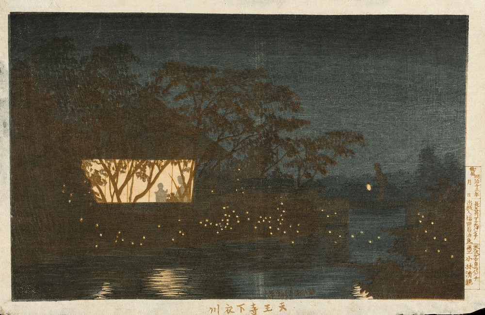 Kiyochika Kobayashi, Koromo River below the Temple Tennoji  (Nachtszene, Dunkelheit, Glühwürmchen, Fluss, Holzschnitt, japanische Kunst, Asiatische Kunst, Klassiker, Wunschgröße, Treppenhaus, Wohnzimmer, blau/grau)