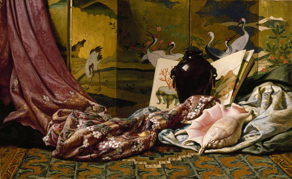 Elihu Vedder, Japanisches Stillleben  (Stillleben, exotisch, asiatisch, Teppich, Tücher, Muschel, Wunschgröße, Klassische Moderne, Wohnzimmer)