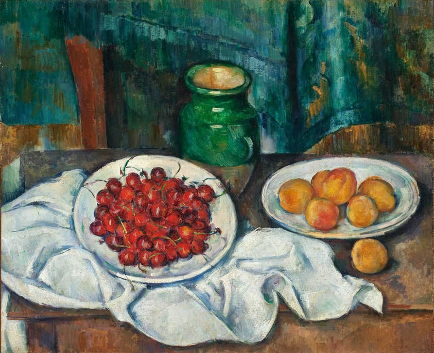 Paul Cézanne, Stillleben mit Kirschen und Pfirsichen (Stillleben, Kirschen, Pfirsiche, Früchte, Obst, Kanne,Tisch,Tischtuch, Obstschale,  Impressionismus, Wunschgröße, Wohnzimmer, Esszimmer, Klassiker,)