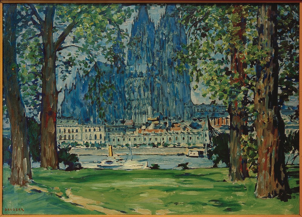 August Deusser, Kölner Dom mit Deutzer Wiese (Architektur,Christentum,Deutsche Kunst,Dom,Geographie,Katholische Kirche,Kirche,Kunst,Landschaft,Religion,Stadt,Impressionismus,Gotik,Fluss,Baum,Wiese,Vedute,Stadtansicht,Architekturdarstellung,Ufer,Ansicht,Aussenansicht,Topographie,Gesamtansicht,Laubbaum)