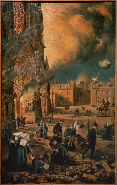 Francois Fournier-Sarloveze, Kathedrale in Reims in Flammen (Geistlicher,Architektur,Christentum,Feuer,Frau,Geographie,Geschichte,Kirche,Krankentransport,Krieg,Kunst,Mann,Mensch,Priester,Religion,Stadt,Szene,Westfront,Zerstörung,Gotik,Triptychon,Nonne,Verletzung,Frau Im Krieg,Architekturdarstellung,Französische Kun)