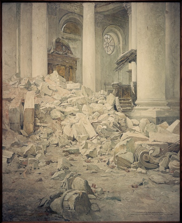 Fernand Sabatte, Ruinierte Kathedrale von Arras (Architektur,Christentum,Geographie,Geschichte,Kirche,Krieg,Kunst,Religion,Westfront,Innenarchitektur,Säule,Zerstörung,Interieur,Architekturdarstellung,Französische Kunst,Ansicht,Innenansicht,Trümmer,Kriegsschäden,Topographie,Erster Weltkrieg,Kriegszerstör)