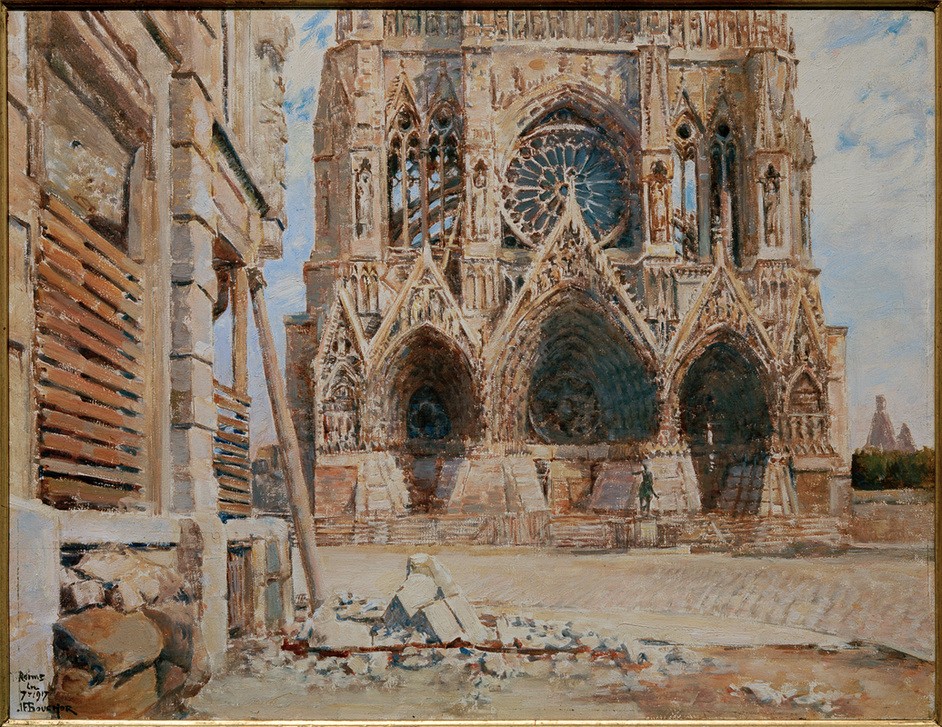 Joseph Felix Bouchor, Kathedrale von Reims (Architektur,Christentum,Fenster,Geographie,Geschichte,Kirche,Krieg,Kunst,Reiterstandbild,Religion,Rosette,Stadt,Teilansicht,Westfront,Zerstörung,Impressionismus,Gotik,Fassade,Portal,Architekturdarstellung,Französische Kunst,Ansicht,Aussenansicht,Trümmer,K)