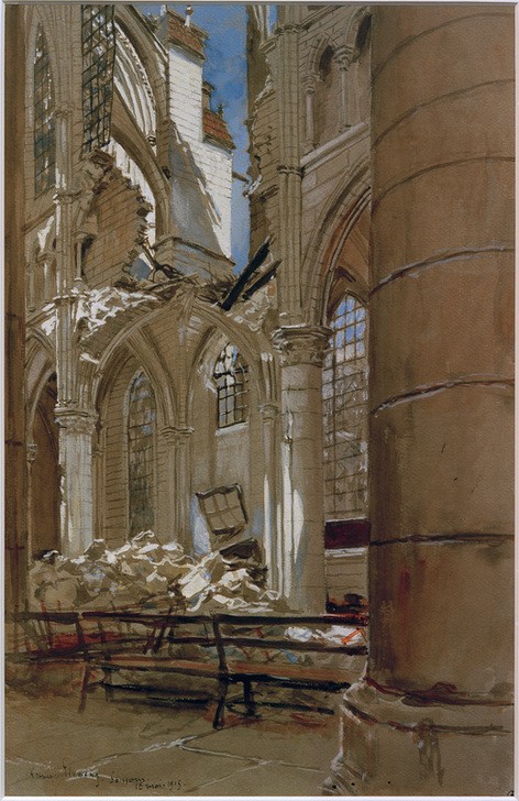 Francois Flameng, Soissons, 18. Mai 1915 (Architektur,Christentum,Geographie,Geschichte,Kirche,Krieg,Kunst,Religion,Ruine,Westfront,Innenarchitektur,Säule,Zerstörung,Gotik,Architekturdarstellung,Französische Kunst,Ansicht,Innenansicht,Trümmer,Kriegsschäden,Topographie,Erster Weltkrieg,Kriegszerst)