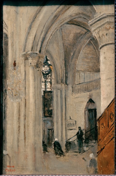 Camille Corot, Mantes, Kircheninneres (Architektur,Christentum,Geographie,Kirche,Kunst,Religion,Stiftskirche,Innenarchitektur,Säule,Gotik,Interieur,Architekturdarstellung,Französische Kunst,Ansicht,Innenansicht,Topographie,Spitzbogen,Sakralbau,Kathedrale)