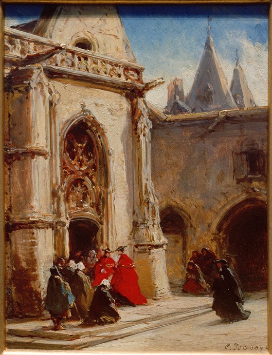 Eugene Isabey, Eingang zur Kathedrale (Geistlicher,Architektur,Christentum,Geographie,Kardinal,Katholische Kirche,Kirche,Kunst,Mann,Mensch,Religion,Portal,Romanik,Kirchgang,Architekturdarstellung,Französische Kunst,Ansicht,Aussenansicht,Topographie,Eingang,Sakralbau,Kathedrale,Signatur)