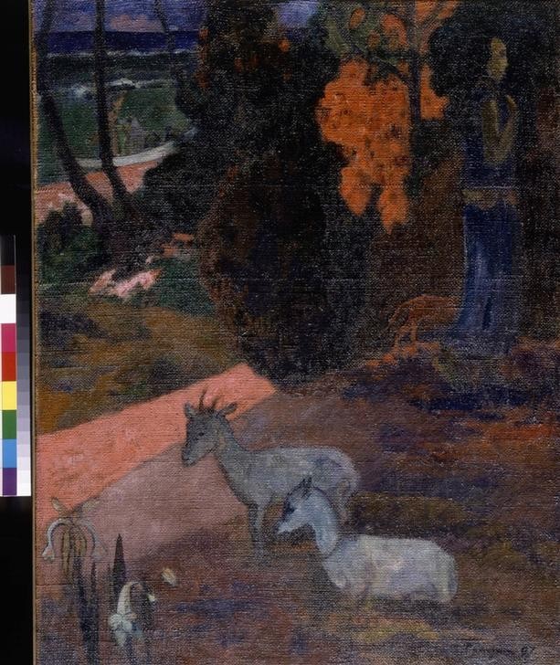 Paul Gauguin, Landschaft mit zwei Ziegen (Gesellschaft,Kunst,Landschaft,Mann,Mensch,Impressionismus,Leinen,Tier,Polychromie,Ölfarbe,Bevölkerung,Fauna,Säugetier,Gesamtansicht,Huftier,Neuzeit,Beschaulich,Zwei,Material,Farbe)