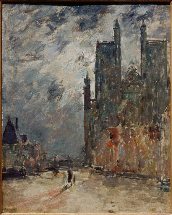 Eugene Boudin, Stiftskirche von Abbeville bei Nacht (Architektur,Christentum,Geographie,Kirche,Kunst,Religion,Stadt,Stiftskirche,Strasse (Allgemein),Tageszeiten,Nacht,Impressionismus,Gotik,Vedute,Stadtansicht,Architekturdarstellung,Französische Kunst,Ansicht,Aussenansicht,Topographie,Spätgotik,Doppelturm,Sa)