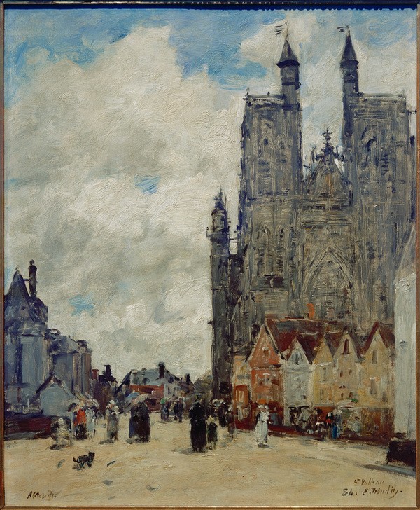 Eugene Boudin, Straße und Kirche Saint-Vulfran (Architektur,Christentum,Geographie,Himmel (Natur),Kirche,Kunst,Meteorologie,Religion,Stadt,Stiftskirche,Strasse (Allgemein),Strassenszene,Wetter,Wolke,Impressionismus,Gotik,Vedute,Stadtansicht,Architekturdarstellung,Französische Kunst,Ansicht,Aussenansich)