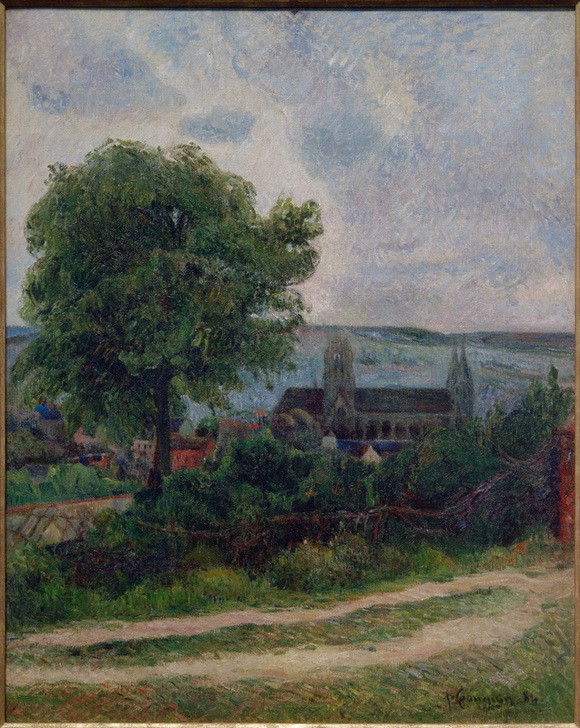 Paul Gauguin, Rouen, die Kirche Saint-Ouen (Abteikirche,Architektur,Christentum,Geographie,Himmel (Natur),Kirche,Kunst,Landschaft,Religion,Stadt,Teilansicht,Impressionismus,Gotik,Baum,Vedute,Stadtansicht,Architekturdarstellung,Weg,Französische Kunst,Ansicht,Aussenansicht,Topographie,Laubbaum,Spätgo)