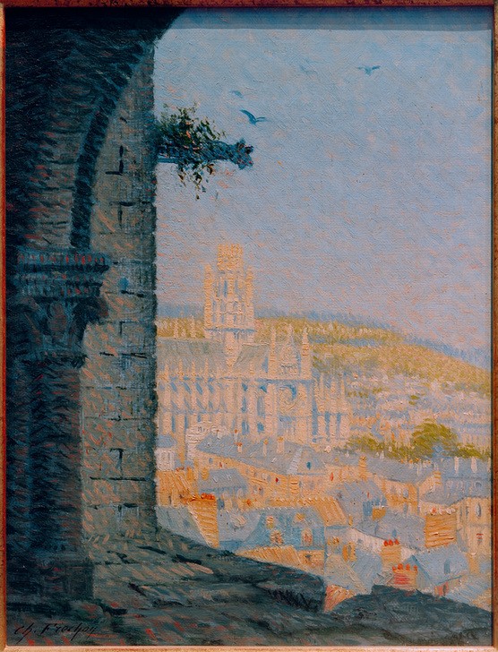 Charles Frechon, Abteikirche Saint-Ouen (Abteikirche,Architektur,Christentum,Fenster,Geographie,Kirche,Kunst,Religion,Stadt,Teilansicht,Wasserspeier (Architektur),Impressionismus,Gotik,Vedute,Stadtansicht,Architekturdarstellung,Blick Aus Dem Fenster,Französische Kunst,Ansicht,Dachlandschaft,Auss)
